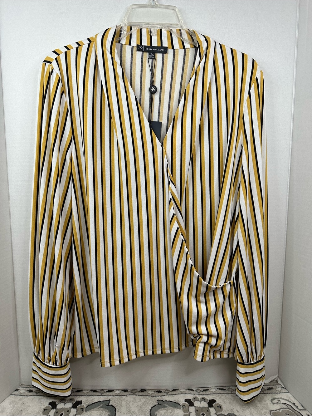 Adrianna Papell Yellow, White & Black Stripe Surplice Blouse, XL, NWT